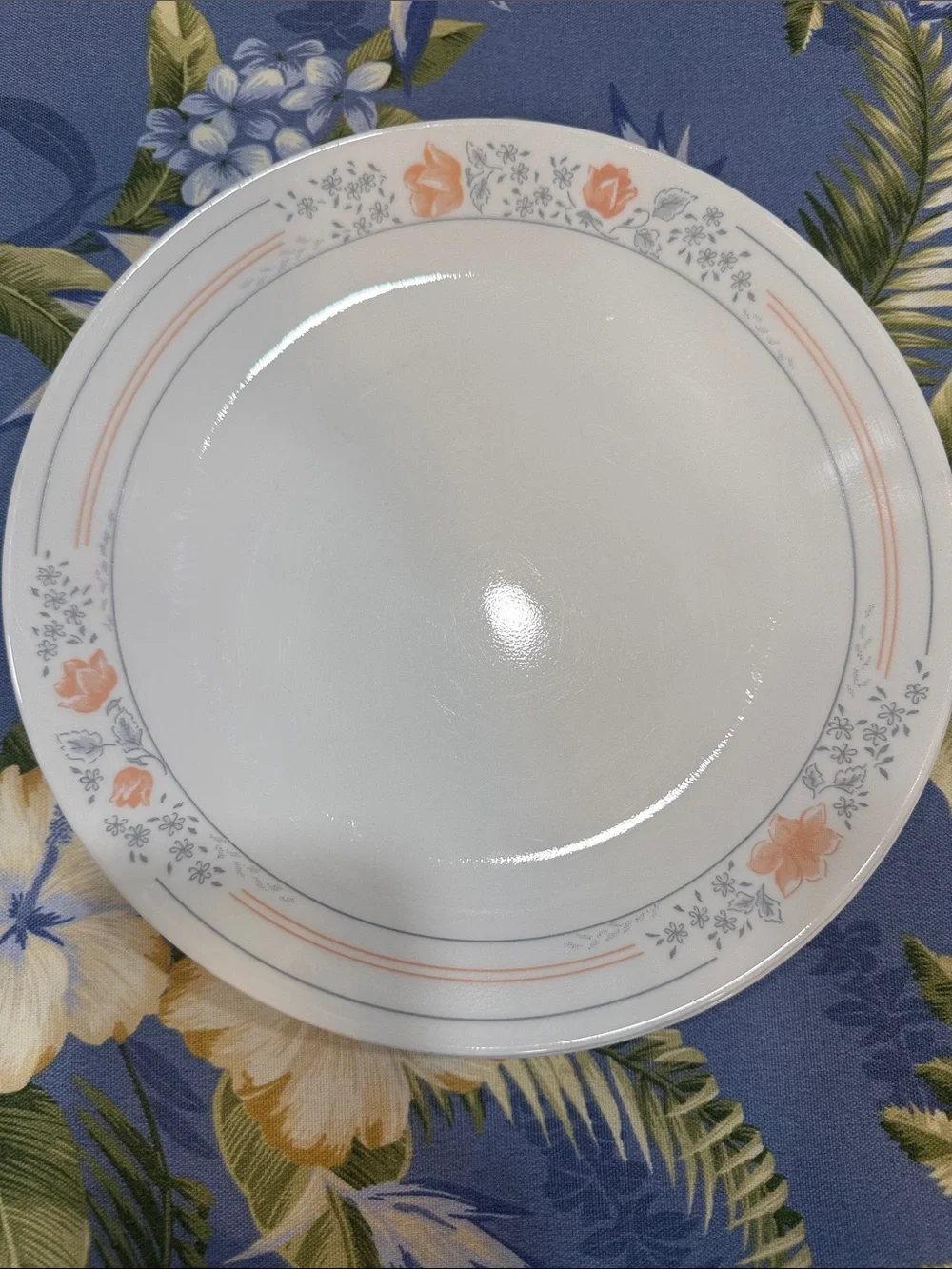 Four Corelle White Dinner Plates with Apricot pattern
